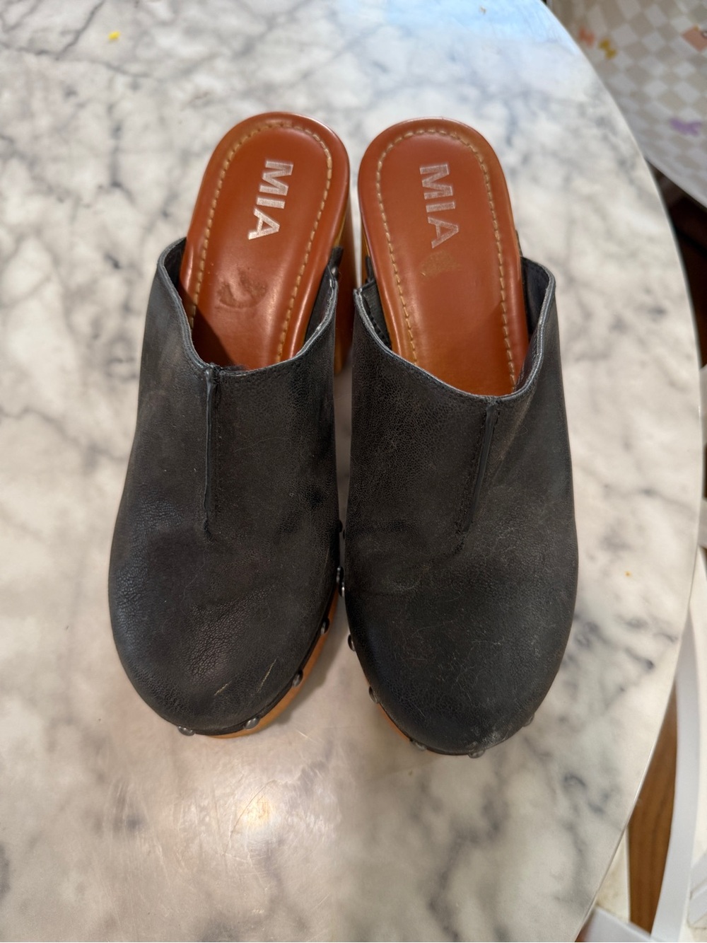 MIA Black Leather Slip-On Clogs with Brown Insole